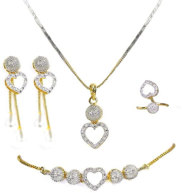 Zircon Stylish Heart Necklaces Set Earring & Ring & bracelet For Girls